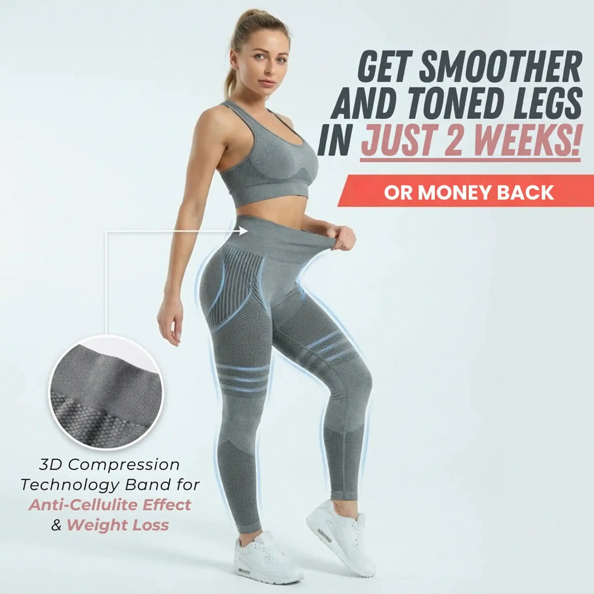 An advertisement featuring a woman modeling grey compression leggings and a sports bra, with text highlighting the product's features.