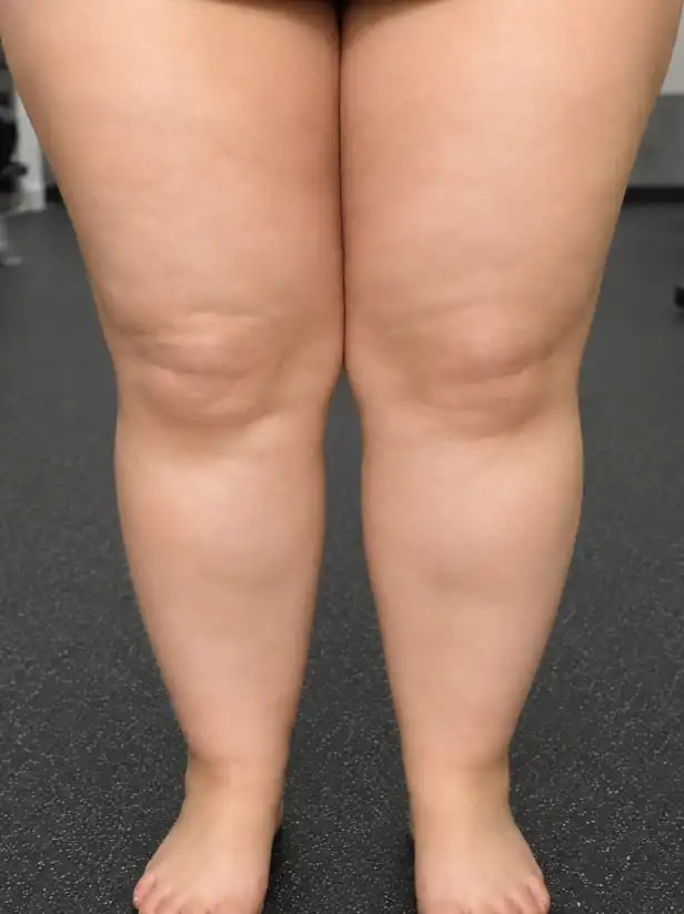 A close-up, front-facing view of a person's legs from the mid-thighs down to their bare feet.