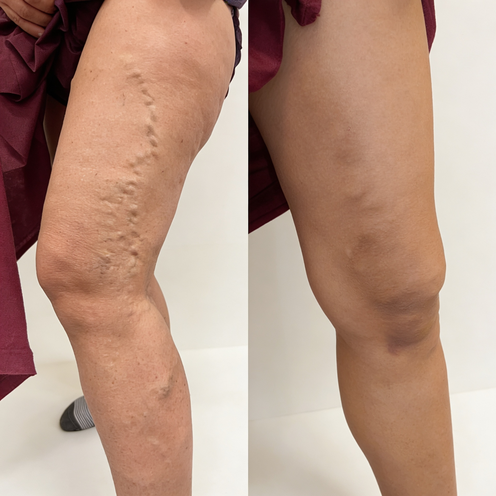 Before and after side-by-side comparison of a person's leg with and without prominent varicose veins.