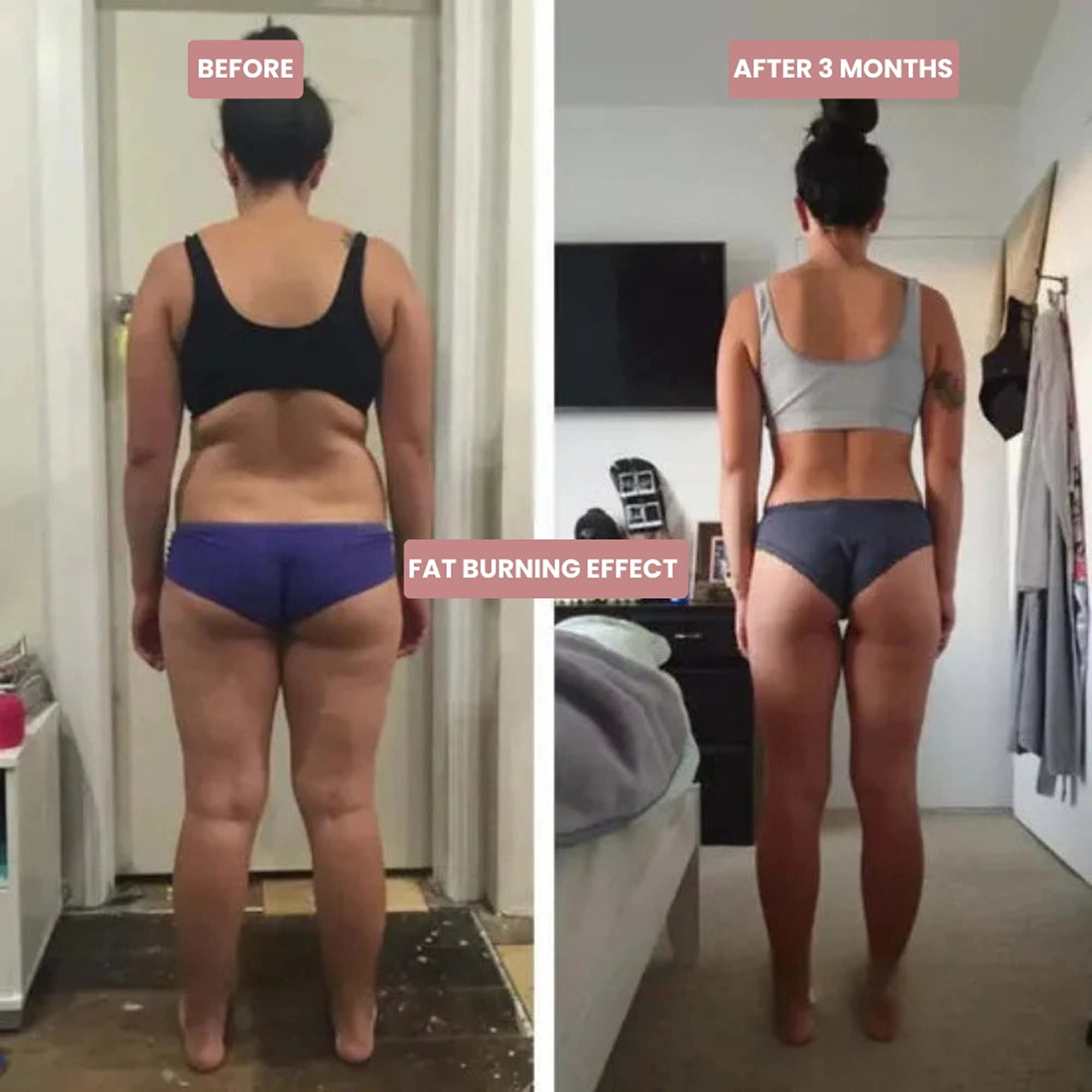 A side-by-side comparison of a woman's back, showing her physique before and after three months.