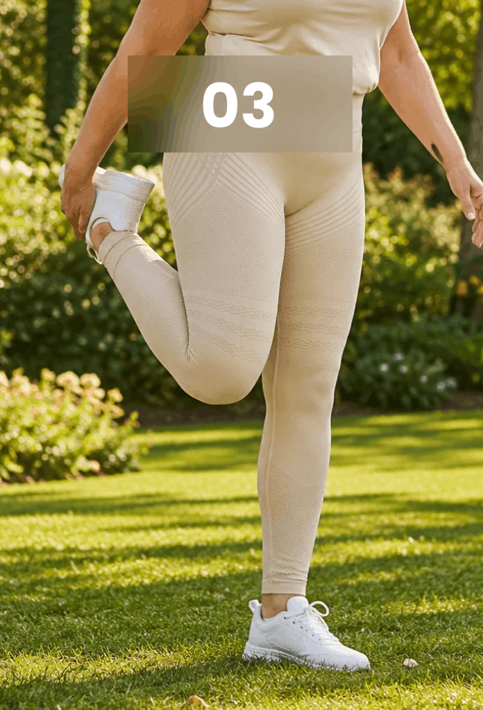 A person in beige leggings and white sneakers stretches their leg while standing on a grassy lawn.