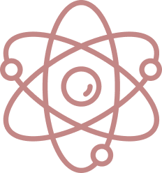 A stylized, pink line art icon of an atom with a nucleus and three orbiting electrons.