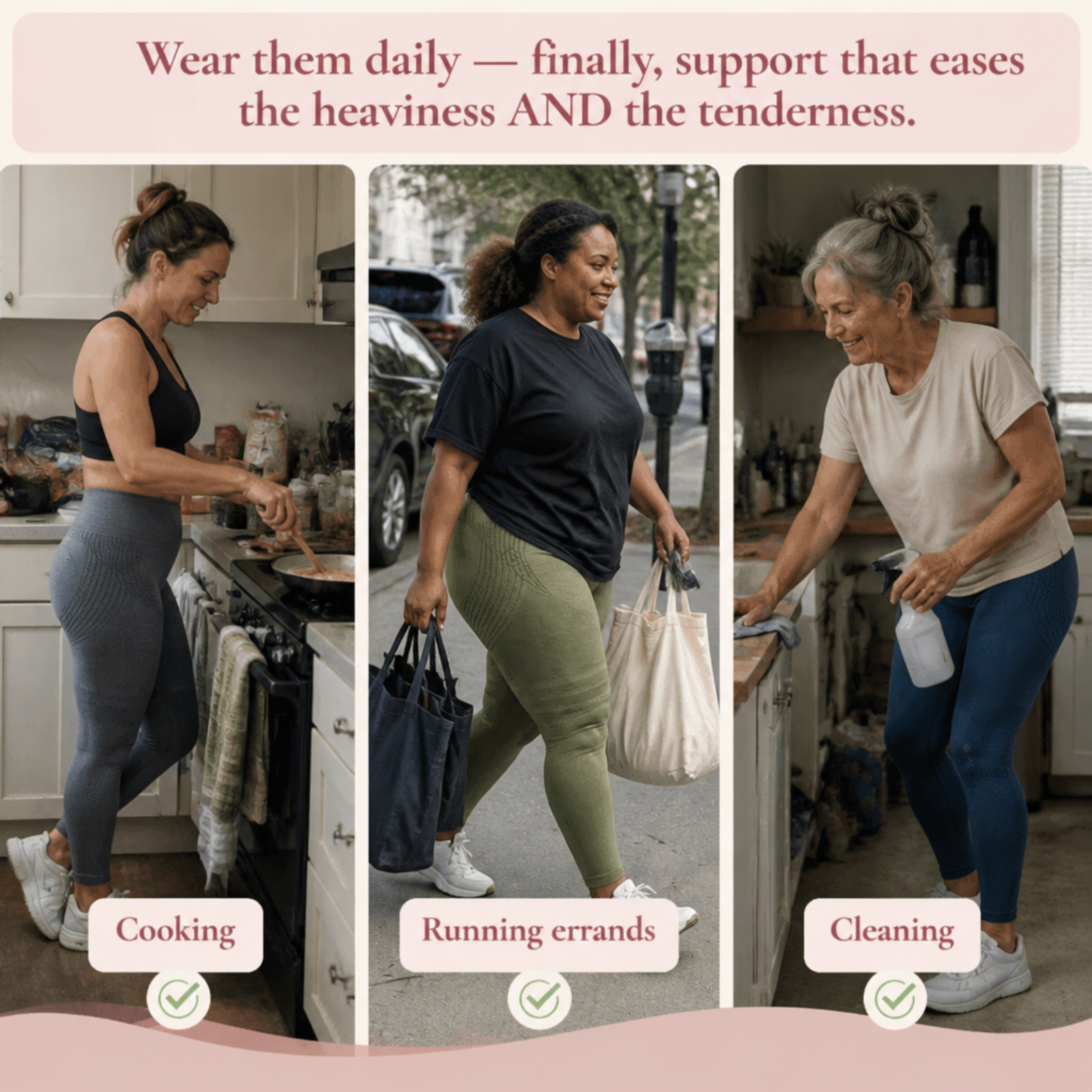 A collage of three women wearing leggings while cooking, running errands, and cleaning their homes.