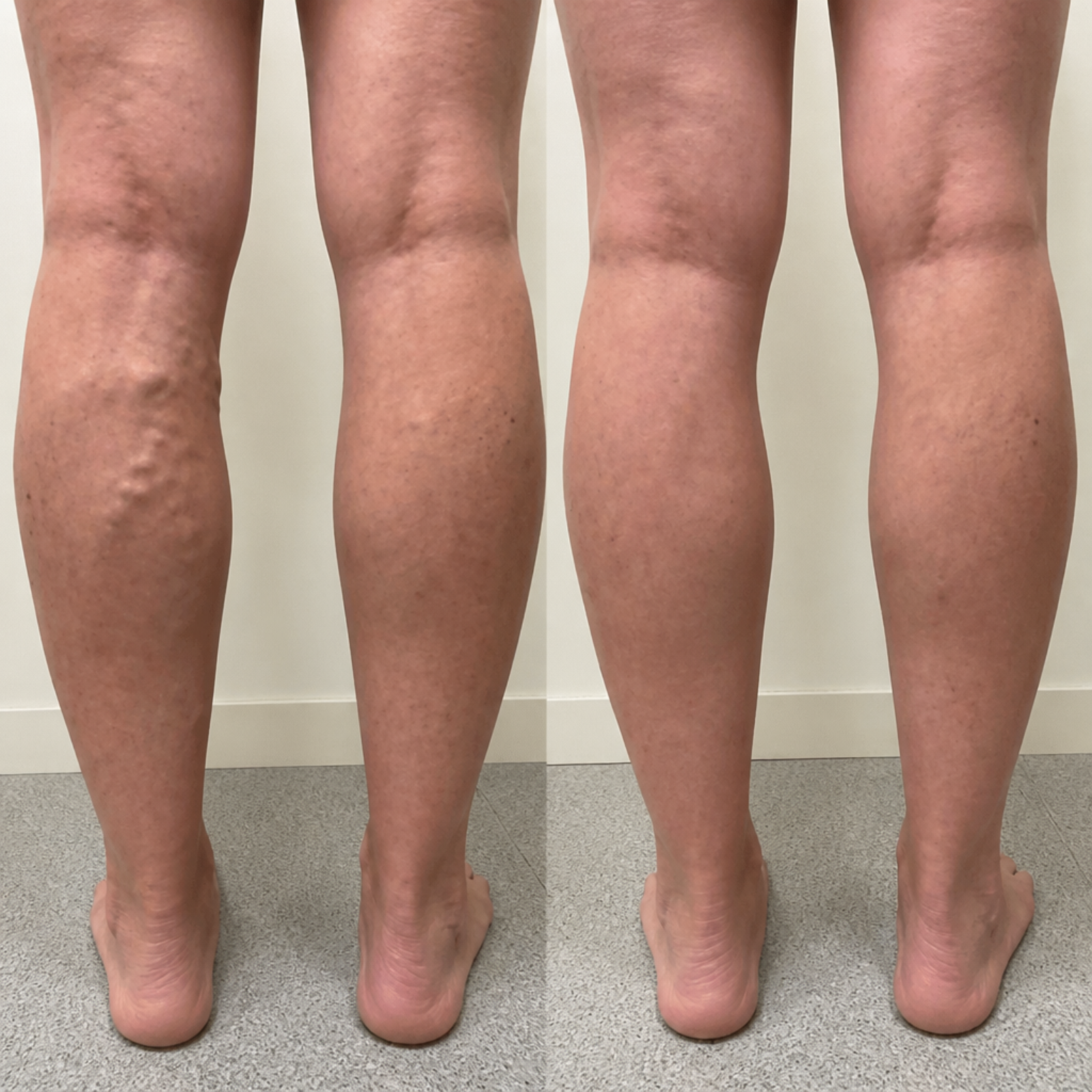 A before and after image showing the reduction of varicose veins on the back of a person's legs.
