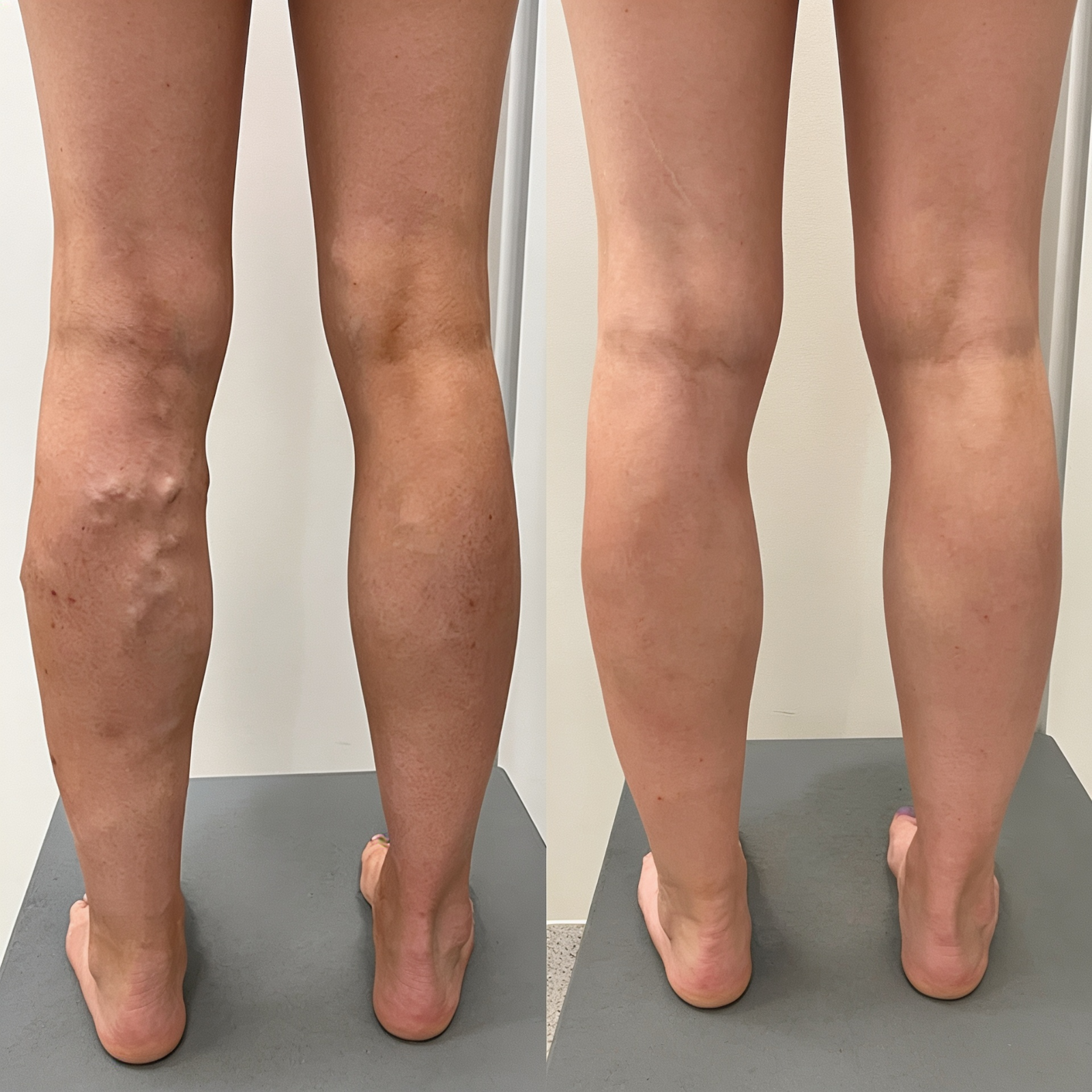 A before-and-after image showing the removal of varicose veins from the back of a person's legs.