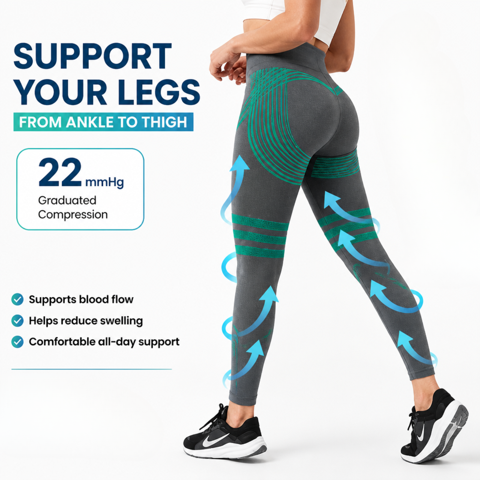 A woman wears grey compression leggings with graphics illustrating how they support the legs from ankle to thigh.