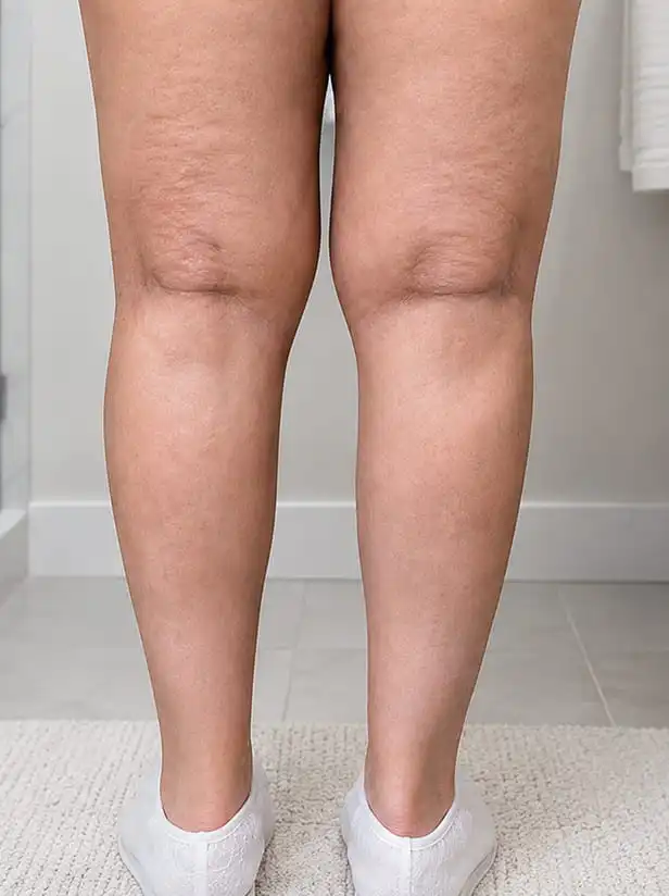 A close-up of the back of a person's legs, from mid-thigh to feet, showing textured skin.