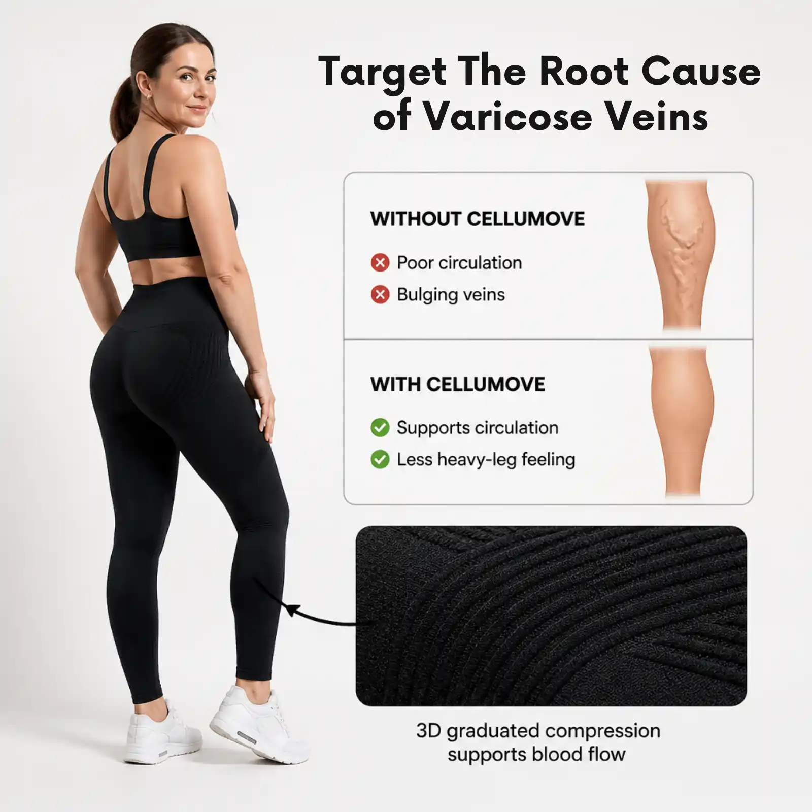 An ad showing a woman in leggings with diagrams explaining how they help varicose veins.