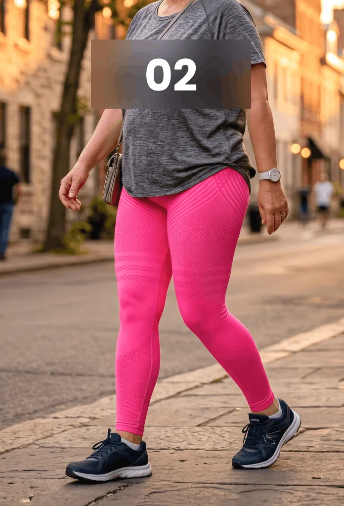 A woman in a grey t-shirt and bright pink leggings walks on a cobblestone street.