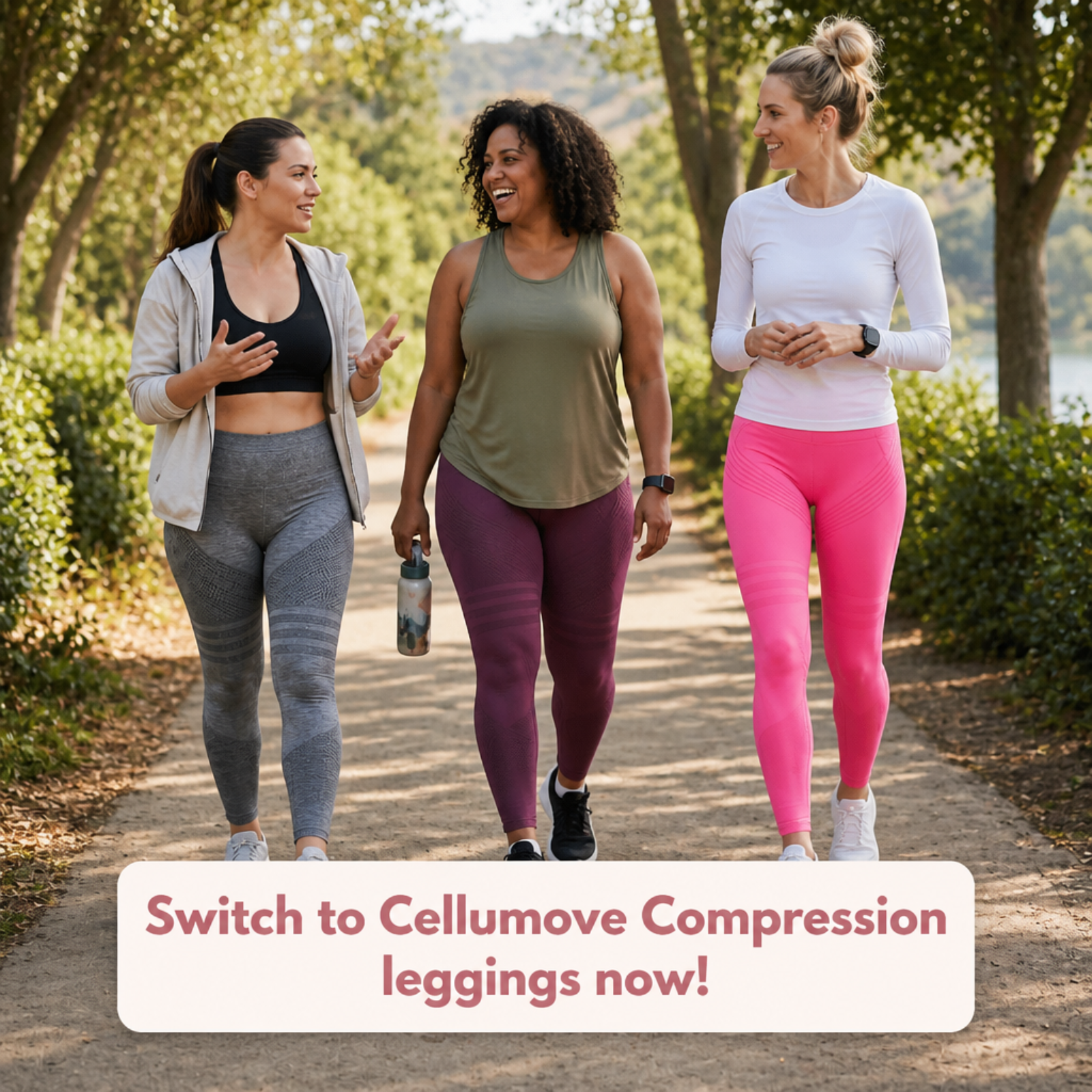 Three women in athletic wear walk and talk together on a path in a park.