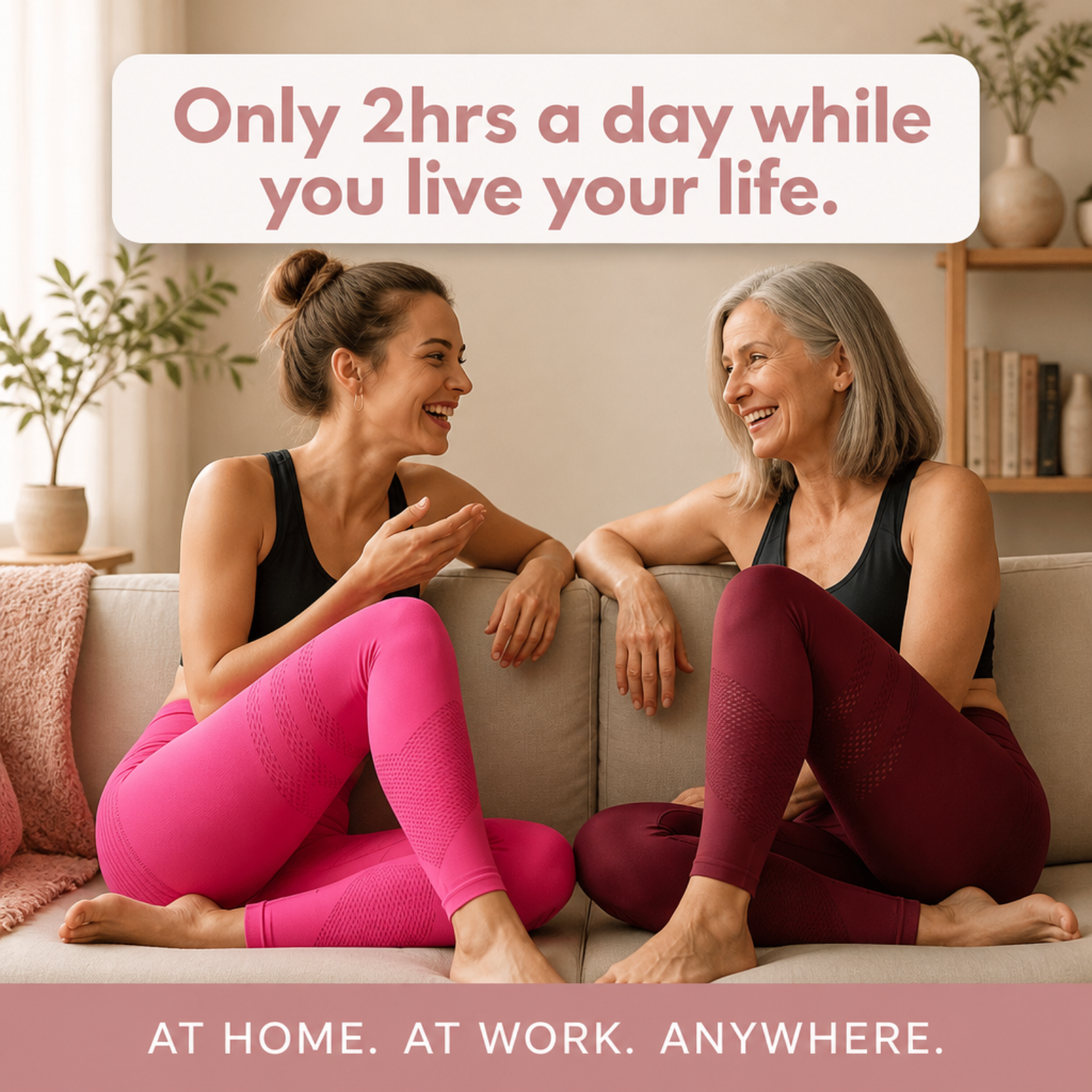 Two women in athletic wear sit on a couch, smiling and talking to each other.