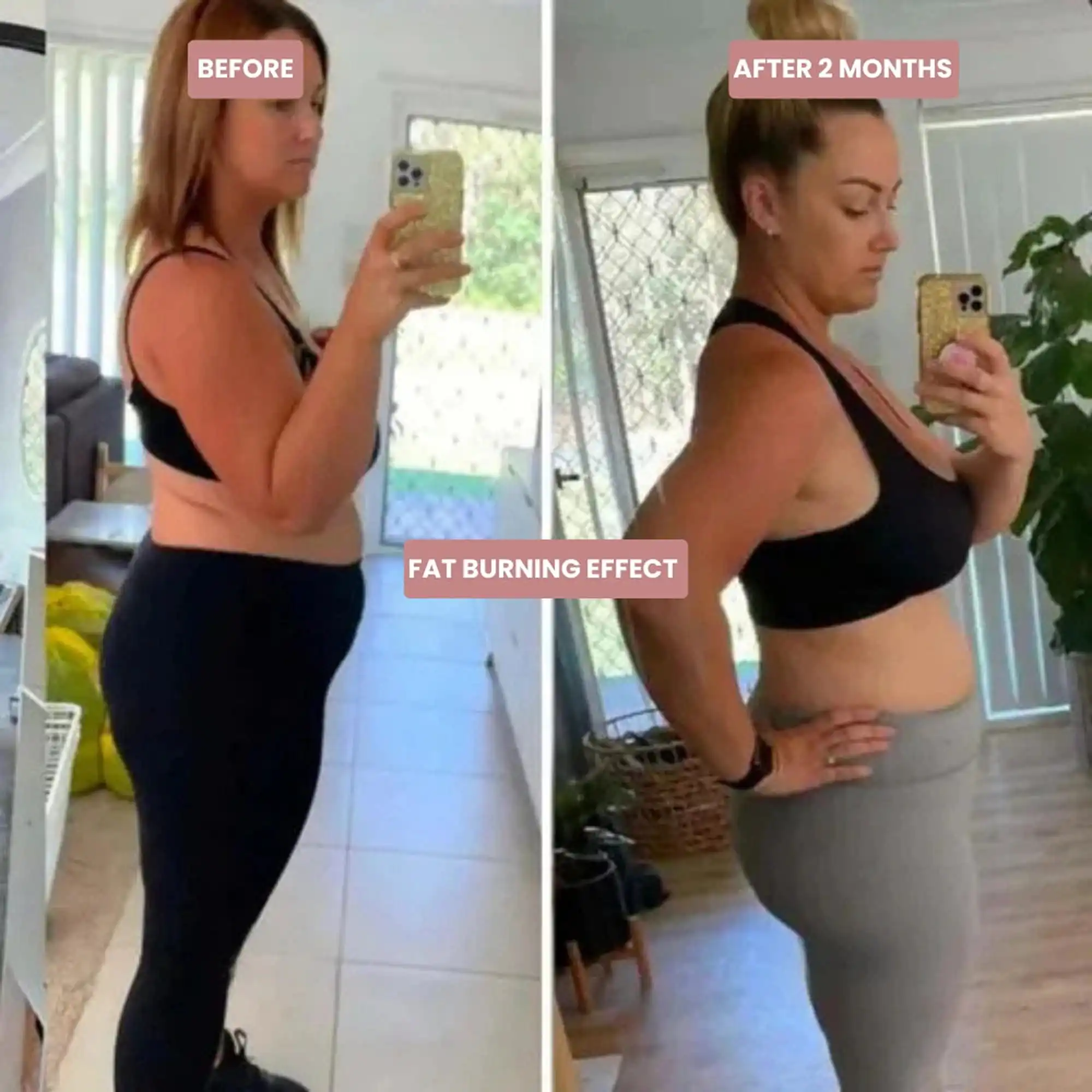 A woman's side-by-side mirror selfies showing a before and after body transformation in two months.
