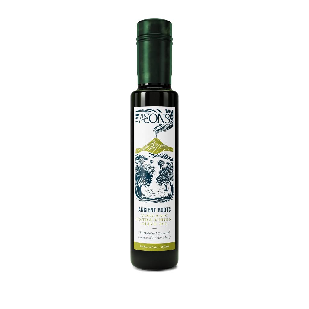 Bottle of Aeon's Ancient Roots olive oil with a mountain illustration.