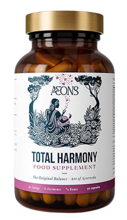 A brown glass bottle of Aeons Total Harmony Food Supplement capsules with a gold cap against a white background.