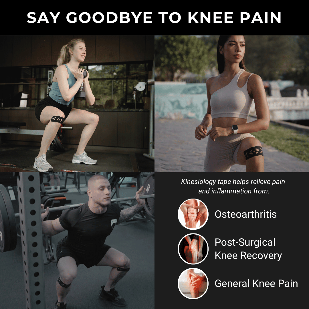 Three people exercising with knee support and text about relieving knee pain.
