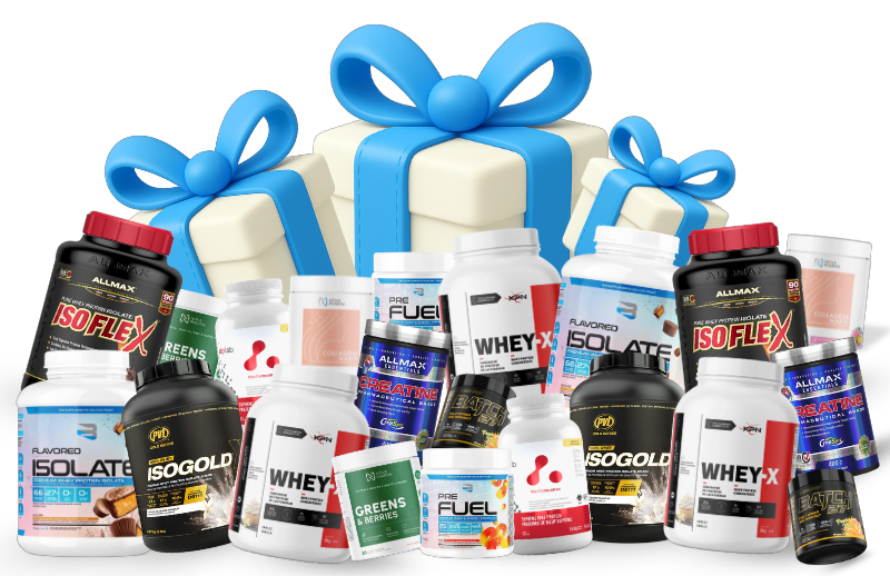 Assorted supplement containers in front of gift boxes with blue ribbons.