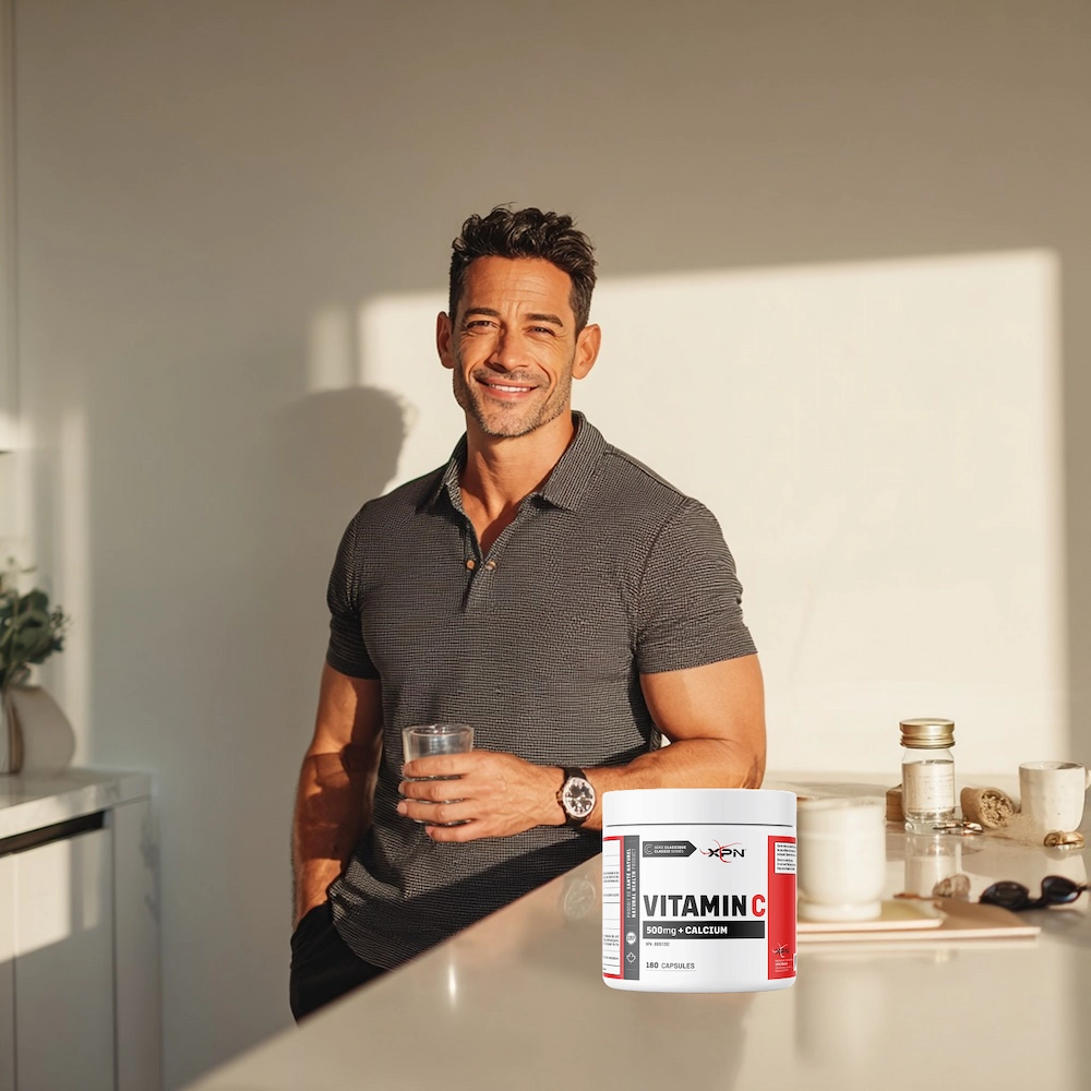 White container labeled 'Vitamin C 500mg + Calcium, 180 capsules' by XPN.
