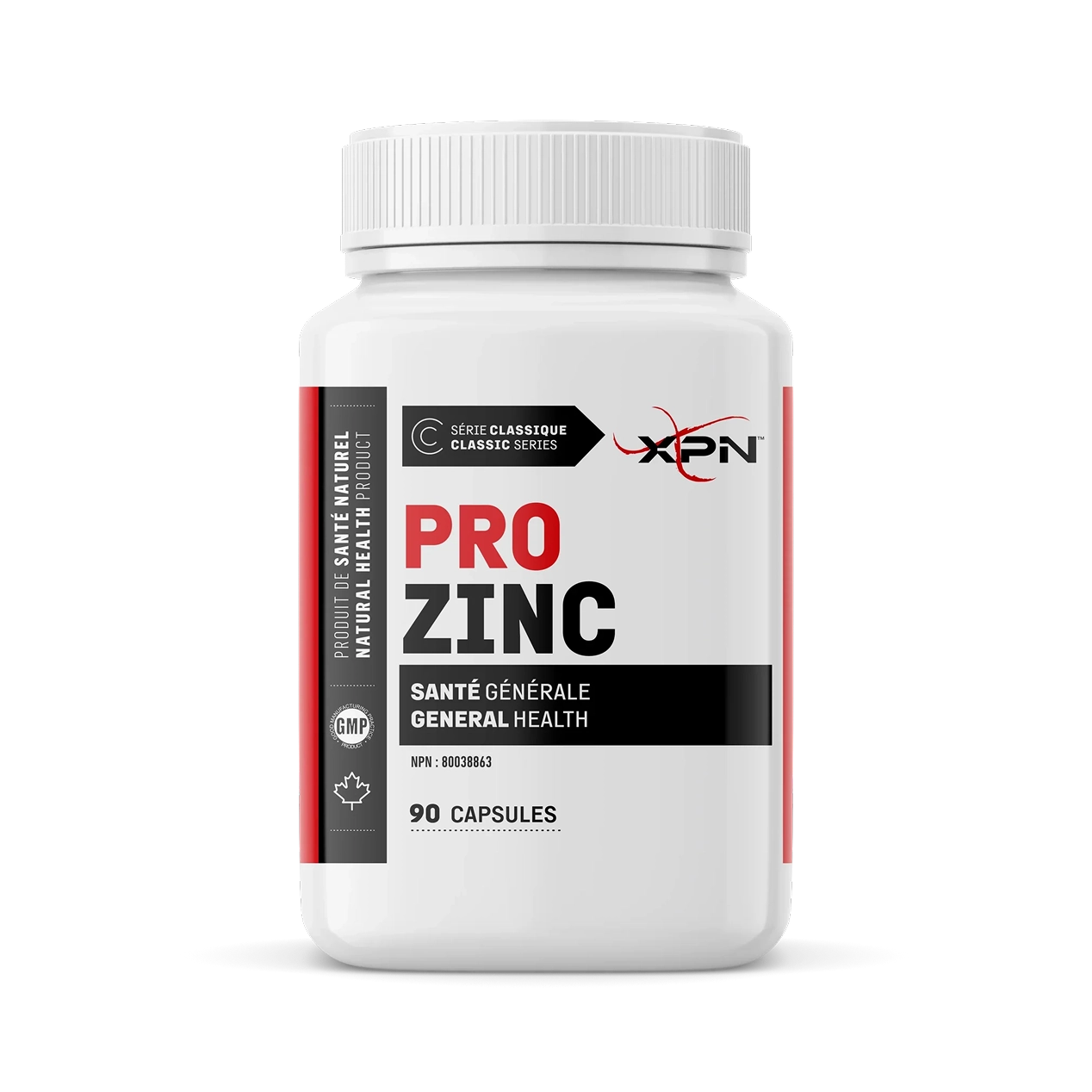 White bottle labeled 'PRO ZINC' with 'XPN' logo, 90 capsules.