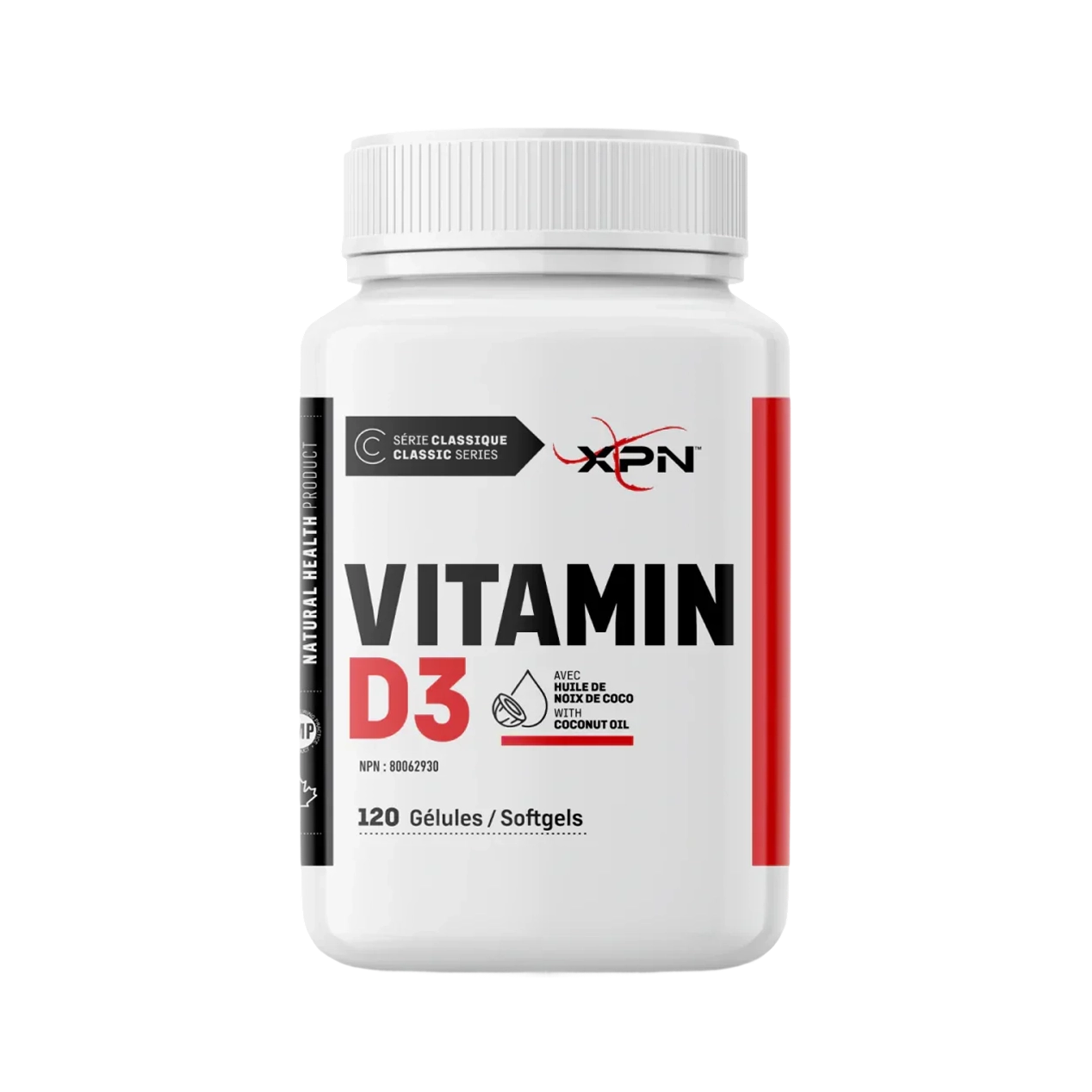 Bottle of Vitamin D3 softgels with coconut oil, 120 count.