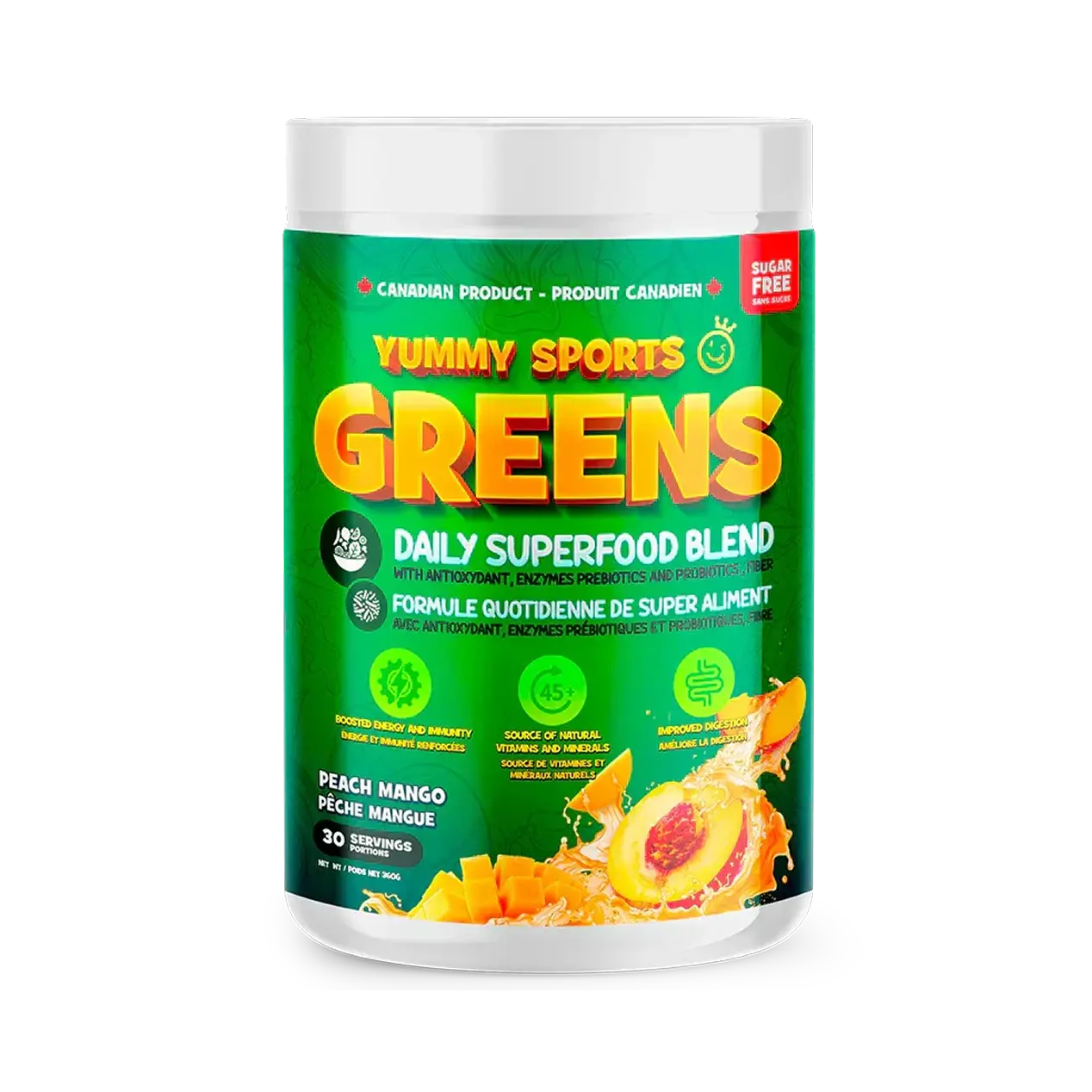 Green container of Yummy Sports Greens superfood blend, peach mango flavor.
