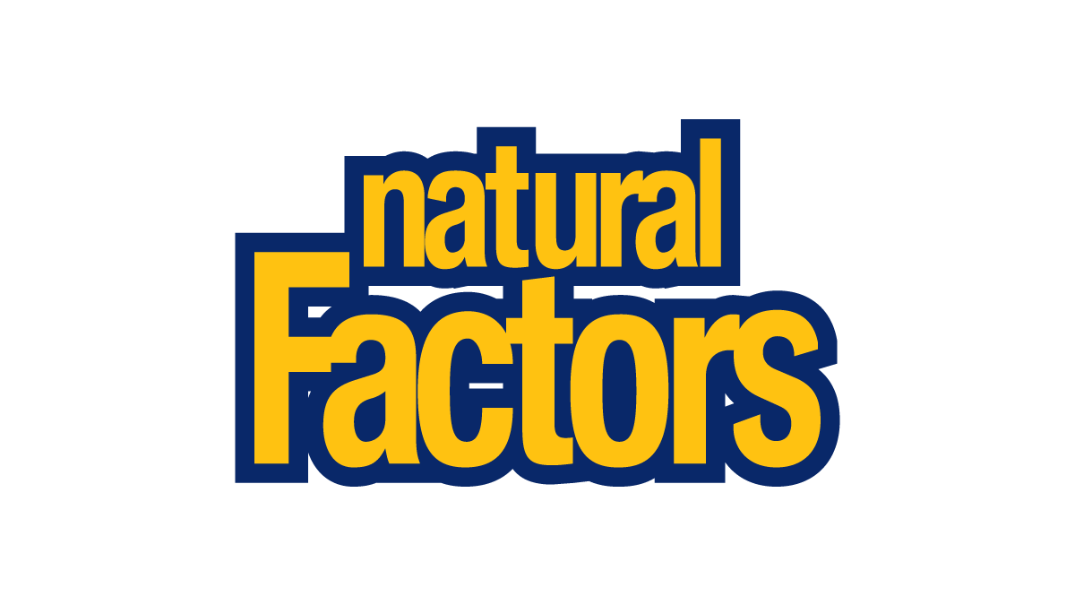 The Natural Factors logo, featuring yellow text with a dark blue outline on a white background.
