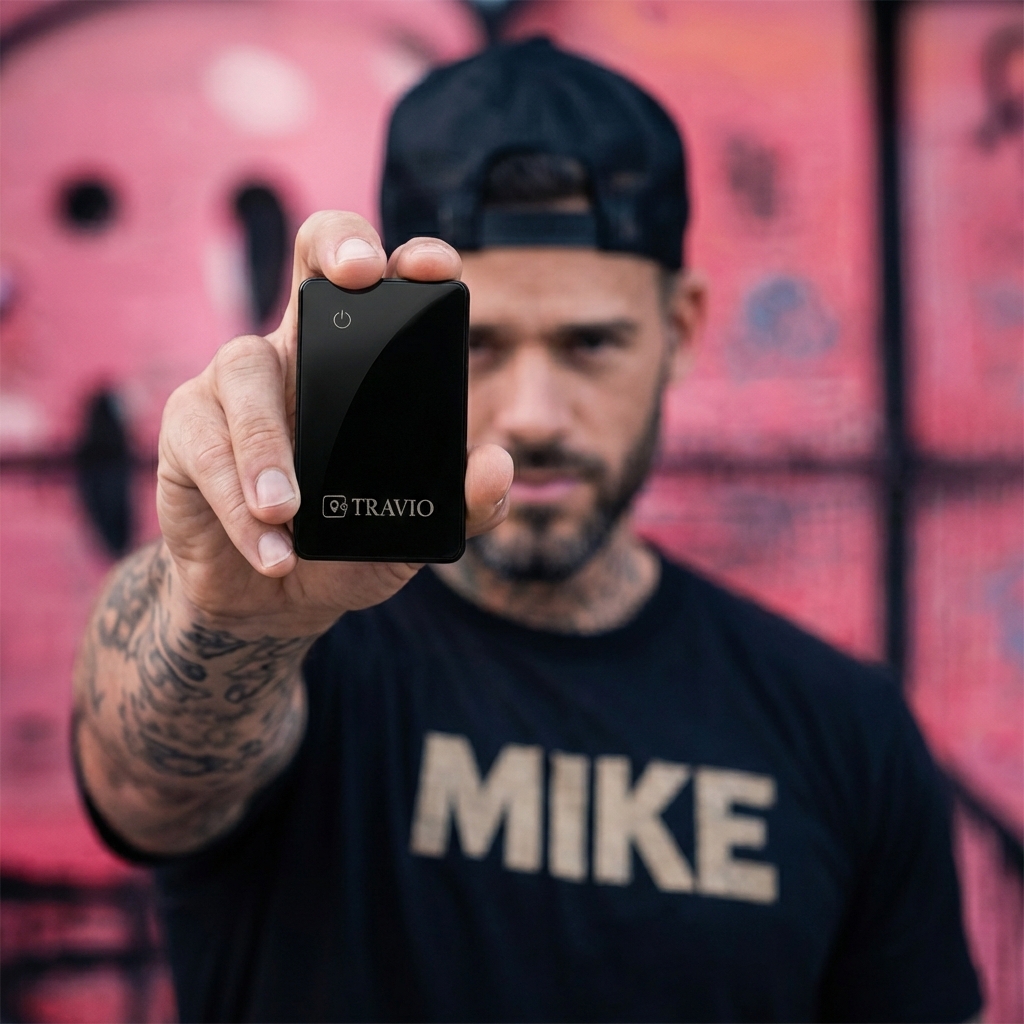 A man with tattoos holds a small, black Travio electronic device towards the camera, with a pink background.