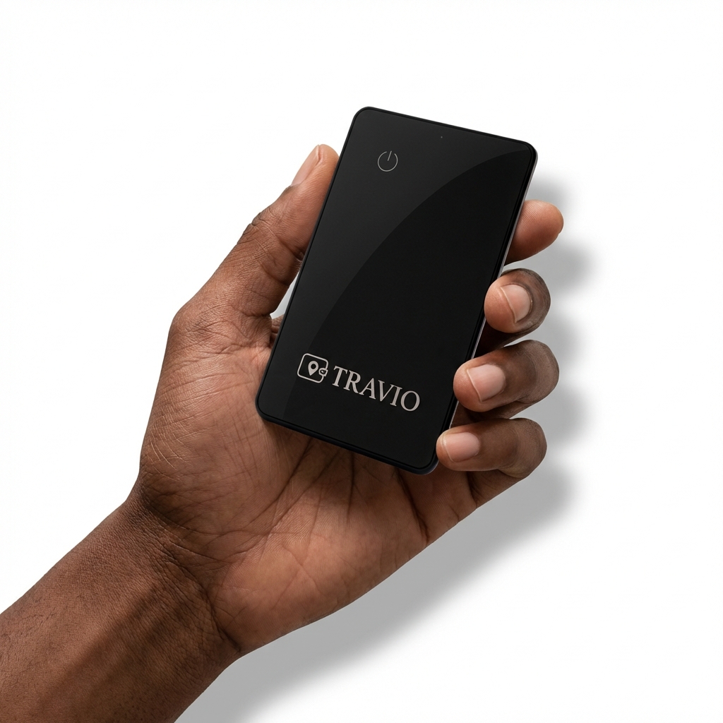 A hand holding a small, black, rectangular electronic device with the Travio logo on a white background.