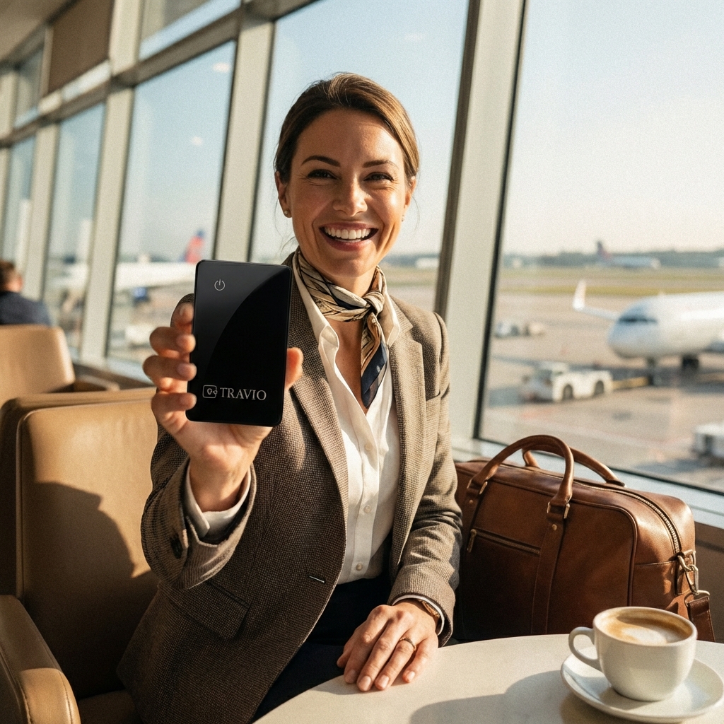 A smiling woman in an airport lounge holds up a small, black electronic device with the Travio logo.
