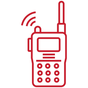 Red outline of a walkie-talkie with an antenna and signal waves.