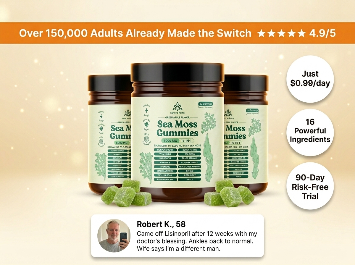 An advertisement for Sea Moss Gummies, showing three bottles of the product with a customer testimonial.
