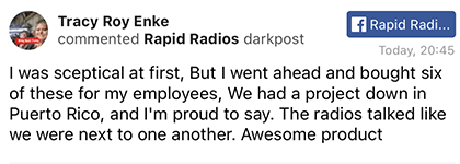 A Facebook comment praising Rapid Radios for effective communication during a project.