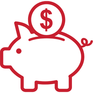 Red outline of a piggy bank with a dollar coin on top.