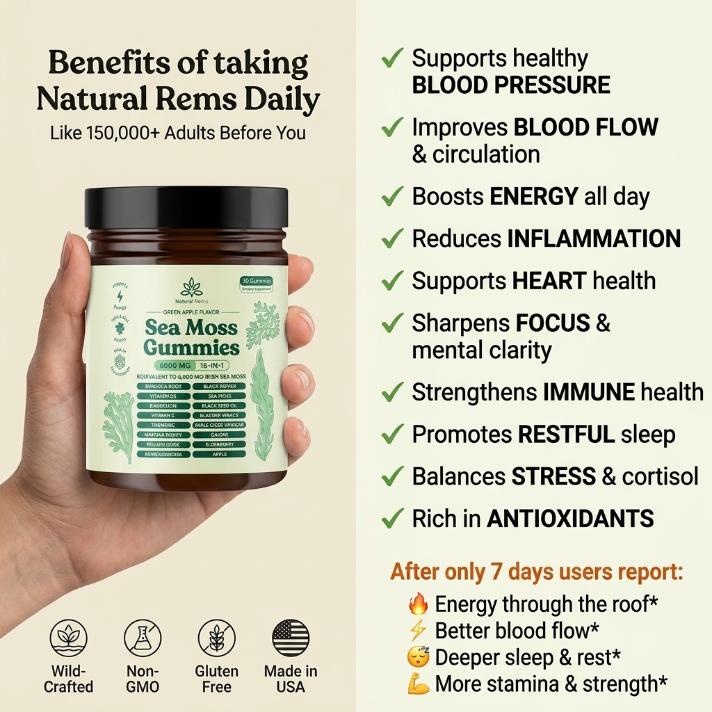 An advertisement for Natural Rems Sea Moss Gummies listing its health benefits and showing the product bottle.