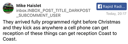 Screenshot of a Facebook comment about reception quality of a product.