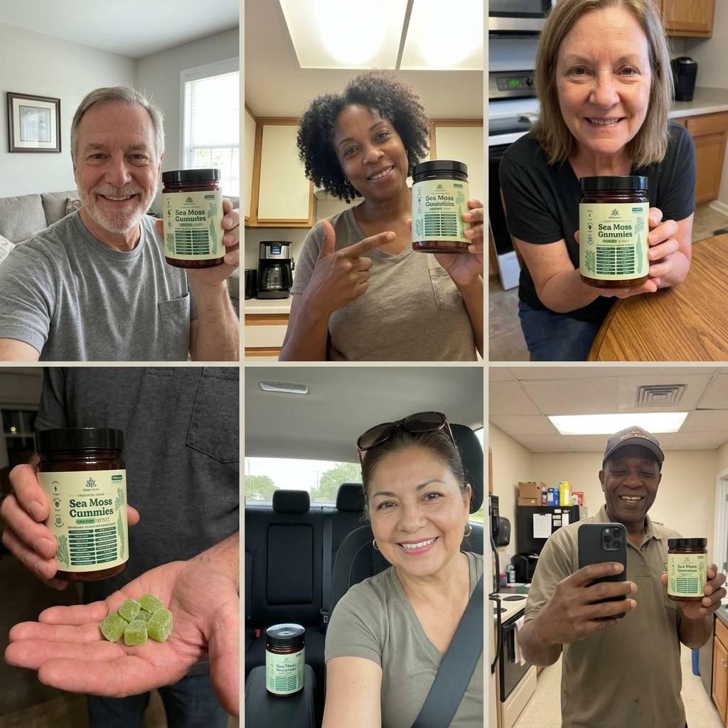 A collage of six photos showing different people smiling while holding bottles of Sea Moss Gummies.