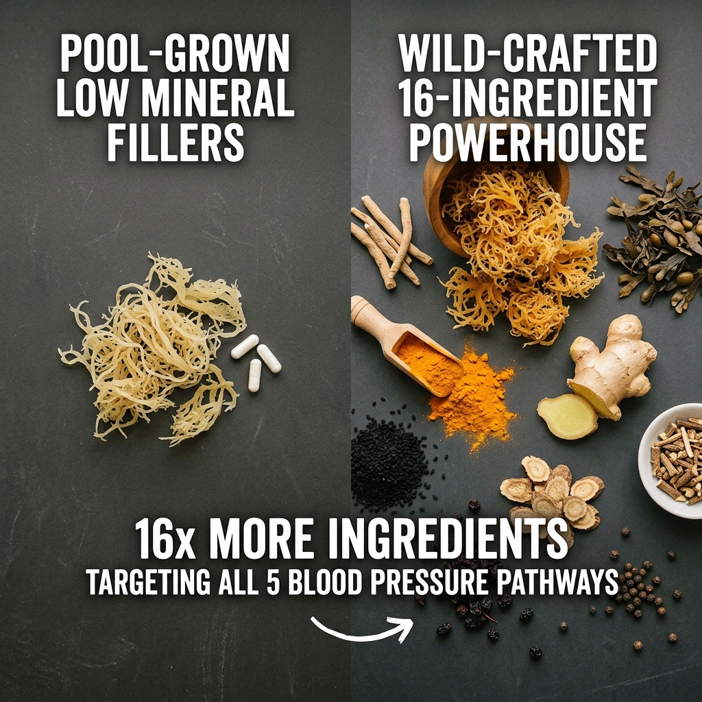 An advertisement comparing pool-grown seaweed and capsules to a wide variety of wild-crafted herbs, spices, and seaweeds.