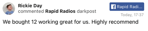 Comment recommending Rapid Radios, mentioning purchase of 12 units.