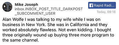 Screenshot of a Facebook comment discussing a flawless product experience.