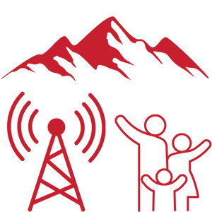 Red icons of mountains, a radio tower, and a family.