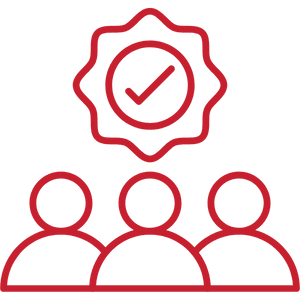 Red outline of three people with a checkmark badge above.