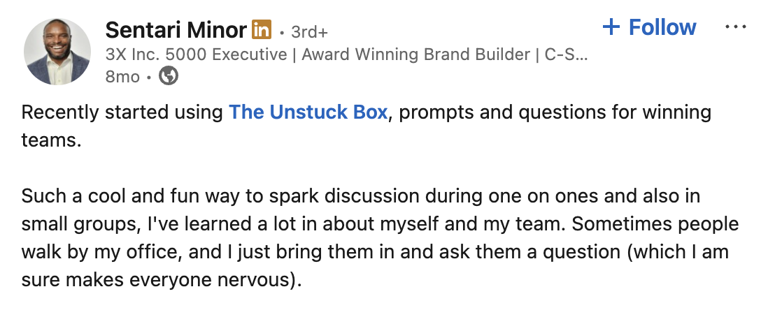 LinkedIn post about using The Unstuck Box for team discussions.