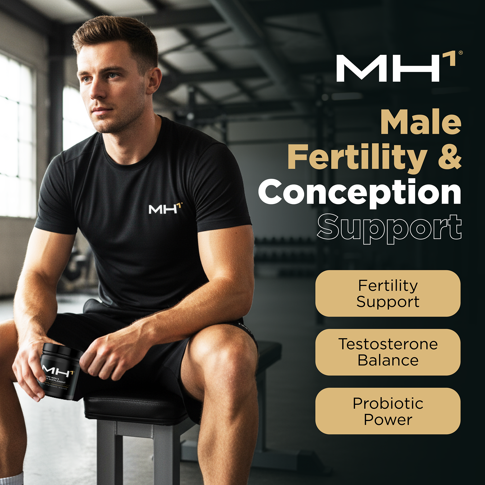 Man sitting in gym with supplement container promoting male fertility support.
