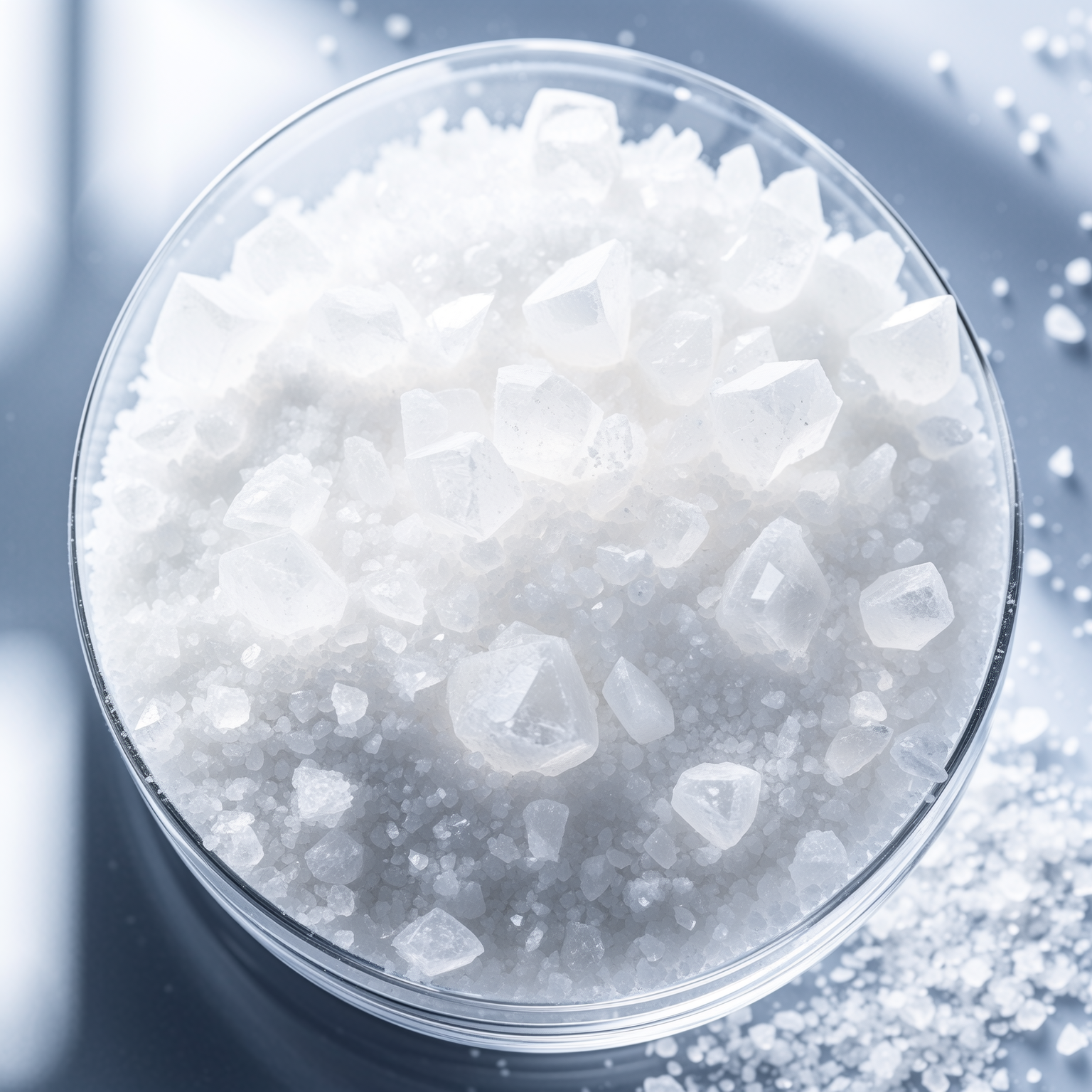 Close-up of crystalline white salt in a clear bowl, scattered on a gray surface.