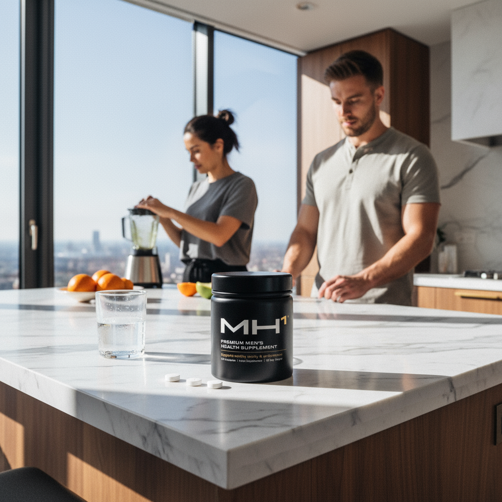 Couple preparing food in kitchen with health supplement on countertop.