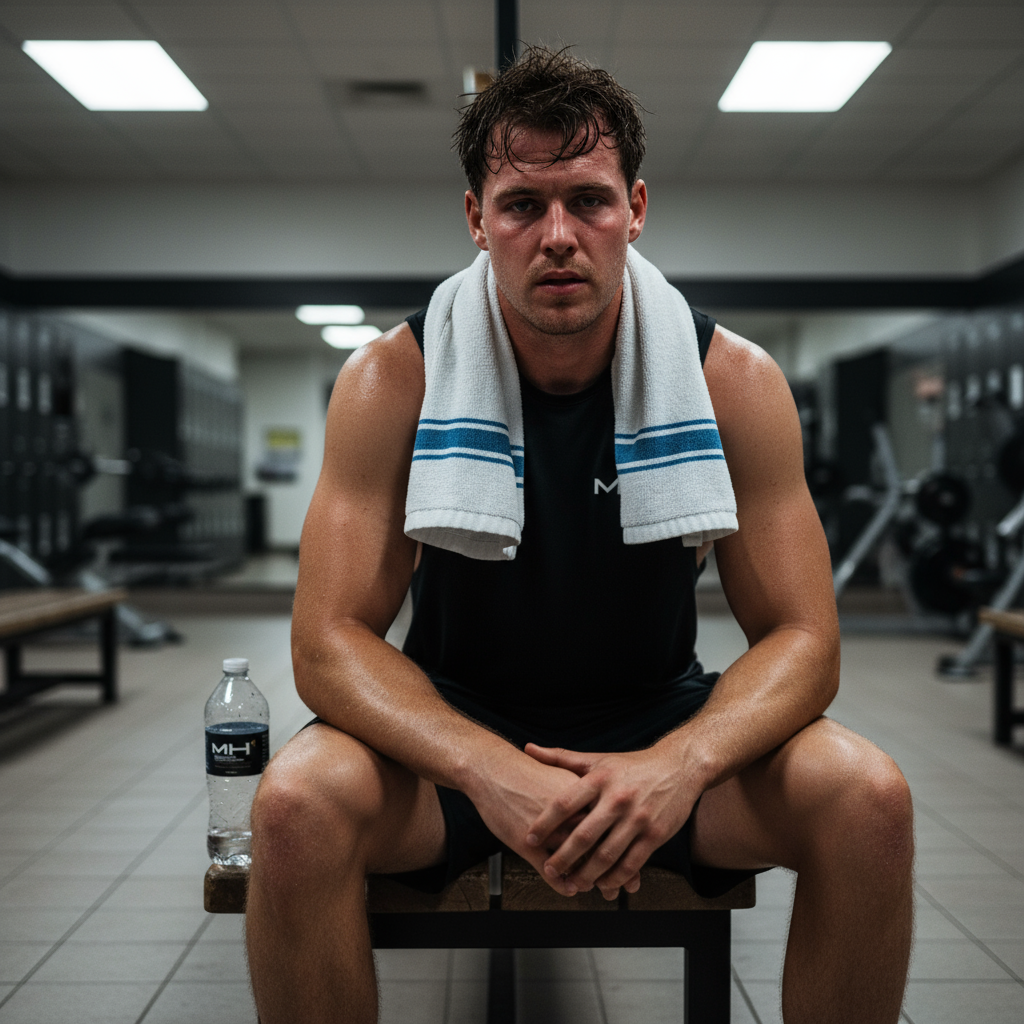 Man with towel sitting on a bench in a gym locker room.