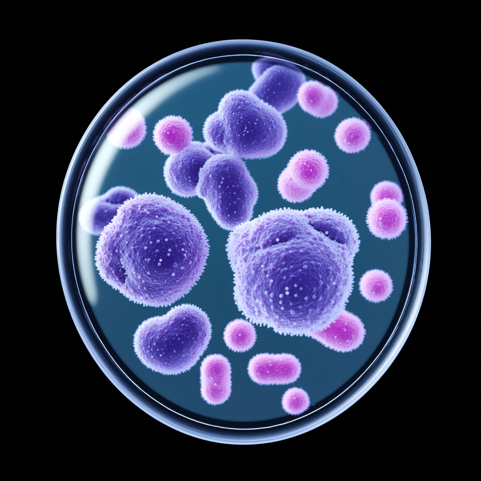 Purple and pink bacteria-like structures in a petri dish.