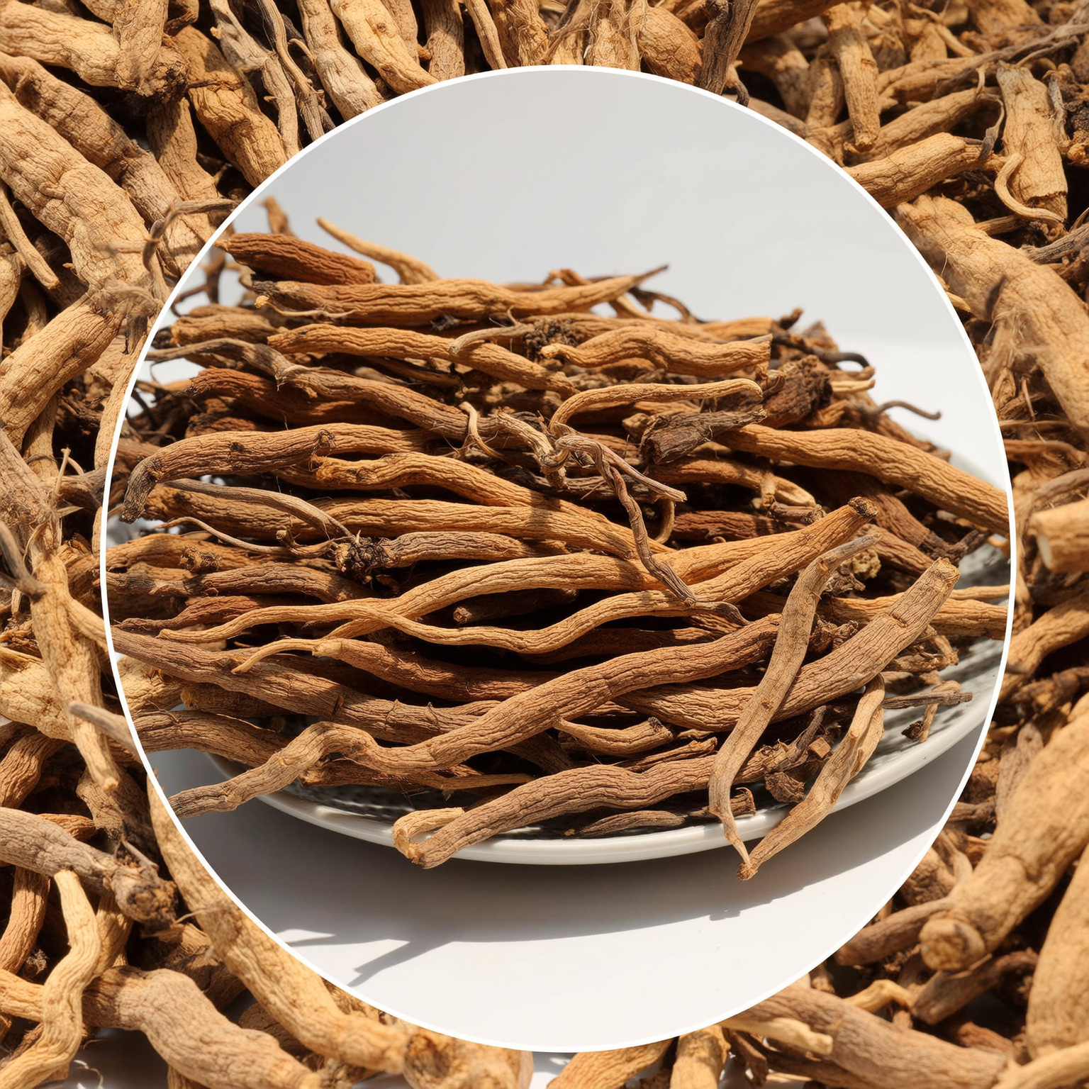 A close-up of dried roots on a plate, surrounded by more roots.
