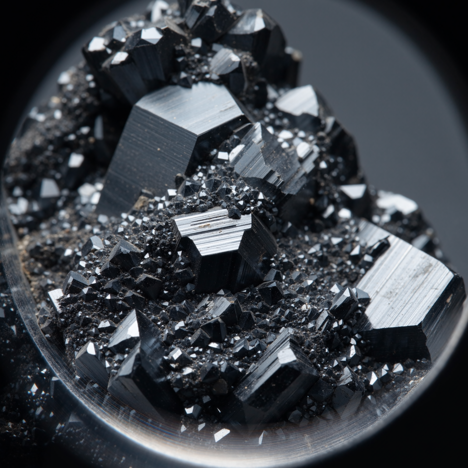 Cluster of shiny black crystals with sharp edges.