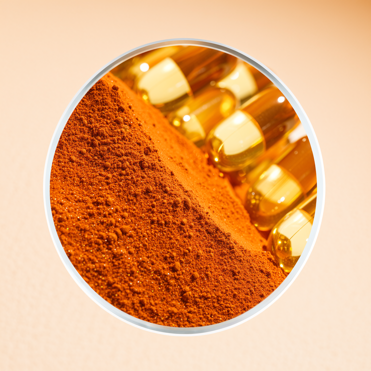 Close-up of orange powder and transparent golden capsules.