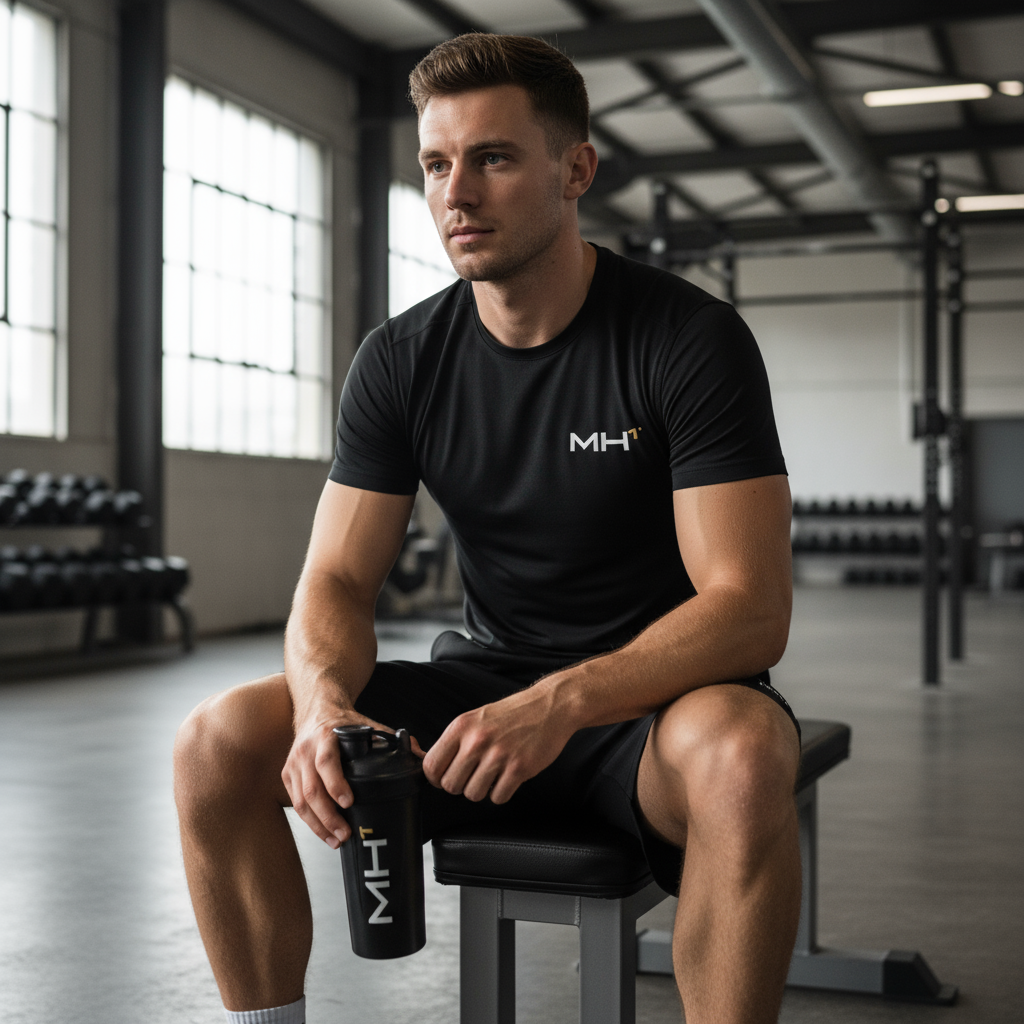 Man in black workout attire sitting on a gym bench holding a water bottle.